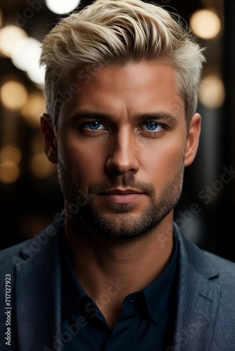 A stunning businessman with piercing blue eyes and short blonde hair. 