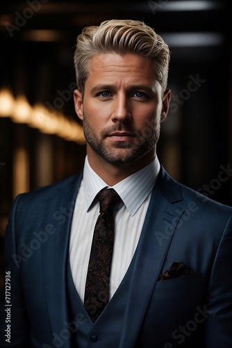 A stunning full body shot of a businessman with piercing blue eyes and short blonde hair.