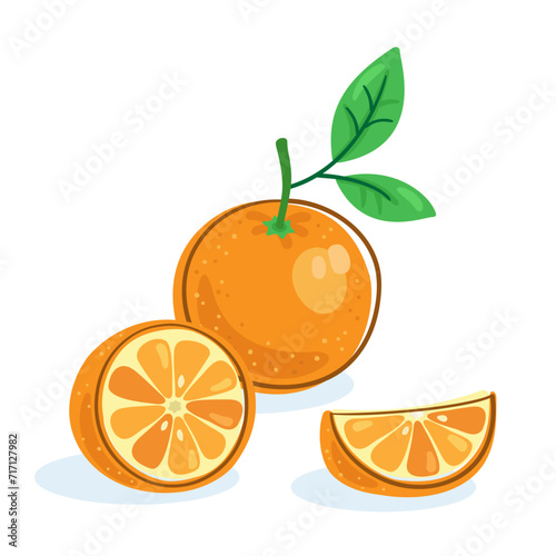 Big beautiful fresh orange. Whole and cut into pieces. Picture in line style. Dark outline with colored spots. Isolated on white background. Vector flat illustration.