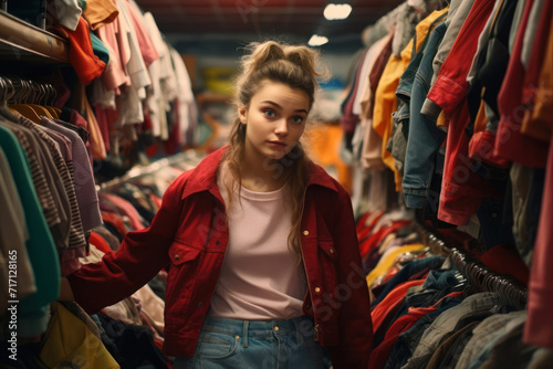 Eco friendly young woman buying second hand clothes at the thrift store. Overproduction,sustainable consumption