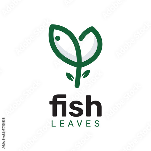 Flat style fish leaf logo design. leaf and fish combination logo, round line style logo