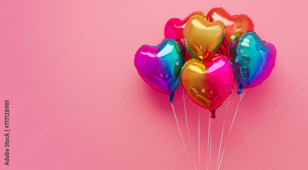 rainbow colored balloons on pink background, in the style of humor meets heart