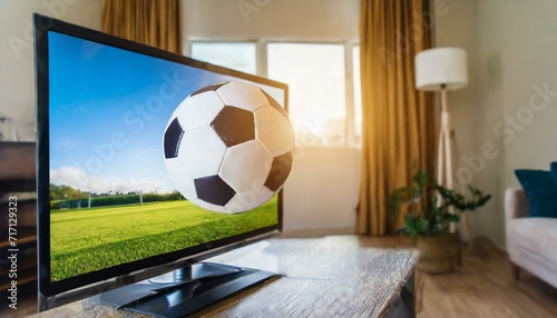 bola de futebol saindo da televisão photo