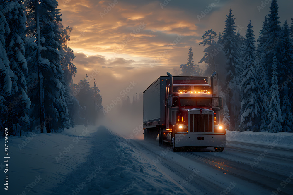 Amidst a winter wonderland, a truck braves the freezing road as the sun rises over the snowy forest, transporting goods through the serene outdoor landscape Amidst a winter wonderland, a truck braves the freezing road as the sun rises over the snowy forest, transporting goods through the serene outdoor landscape