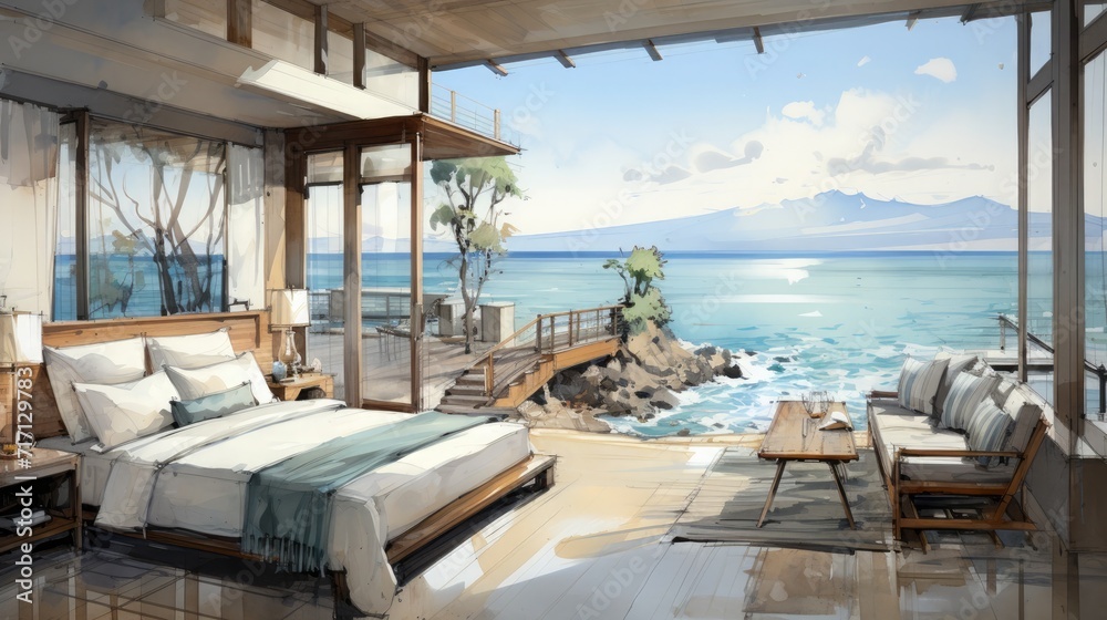 A beautifully designed bedroom with large windows offering a breathtaking view of the ocean