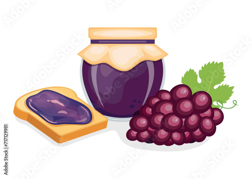 Toasted bread with grape jam vector illustration. Toast and grape jam breakfast still life vector. Jam jar with red grape and slice of bread icon isolated on a white background