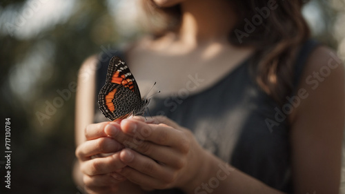 Hands of a woman holding a butterfly, feeling of peace. Meditation and well-being, space for text, close-up.
