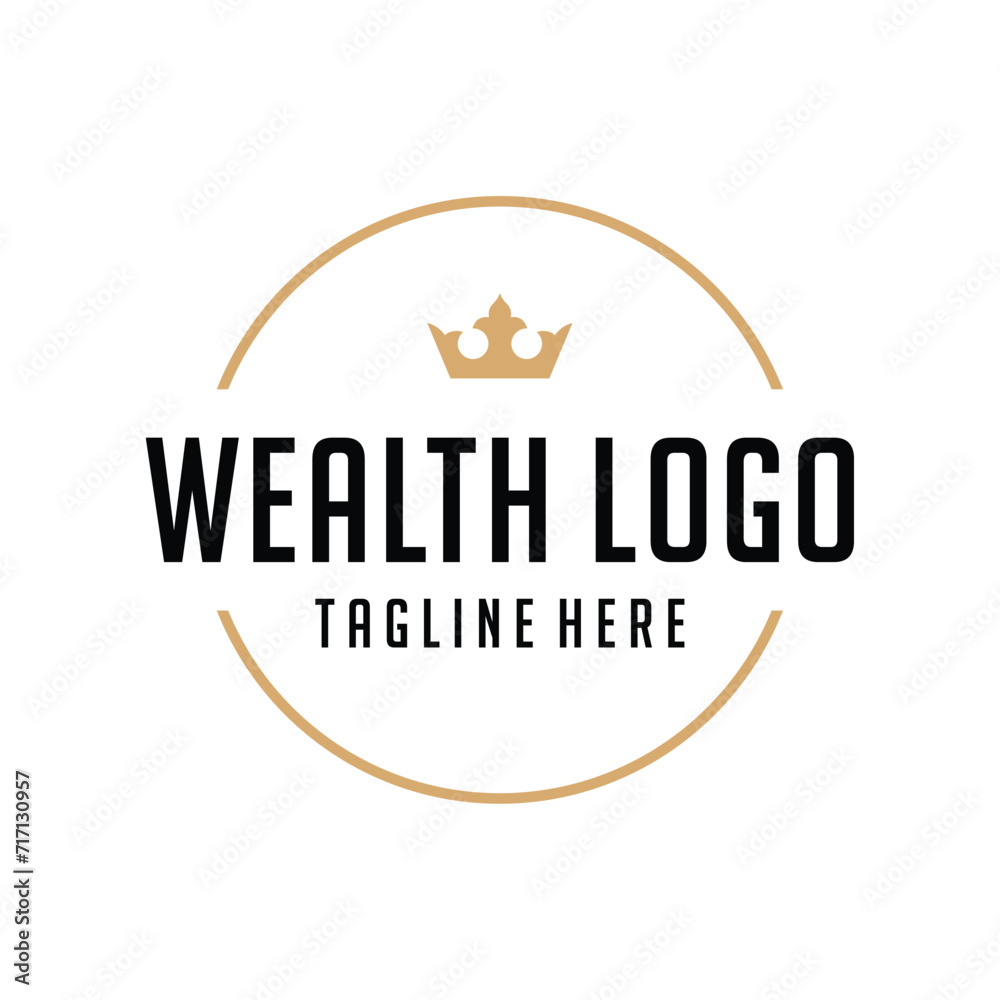 Simple Wealth Logo Design with Crown and Circle Frame. Vector illustration