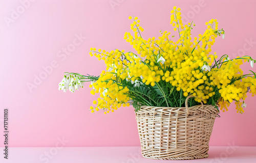 Basket of yellow mimosa flowers snowdrops on a blue spring backg © Oleksiy