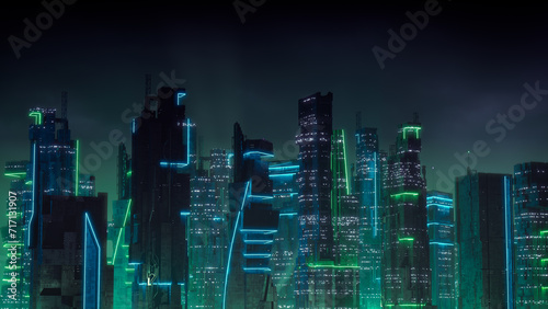 Futuristic Cityscape with Green and Blue Neon lights. Night scene with Advanced Superstructures. photo