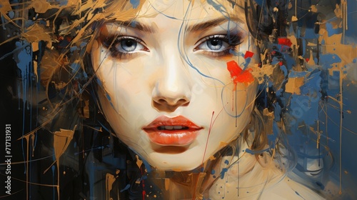 An exquisite painting capturing the beauty of a woman with stunning blue eyes and vibrant red lips, in a mesmerizing display of colors and emotions