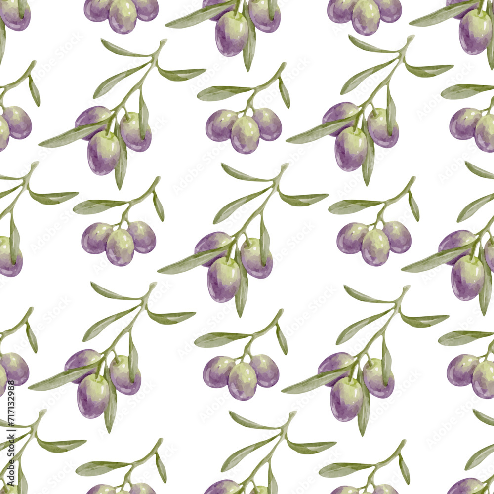 Obraz premium Seamless pattern with olive branches with green berries and leaves.Vector graphics.
