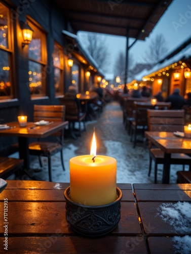 Lit Candle on Wooden Table, Calm, Warm, and Cozy Ambiance © Sandris