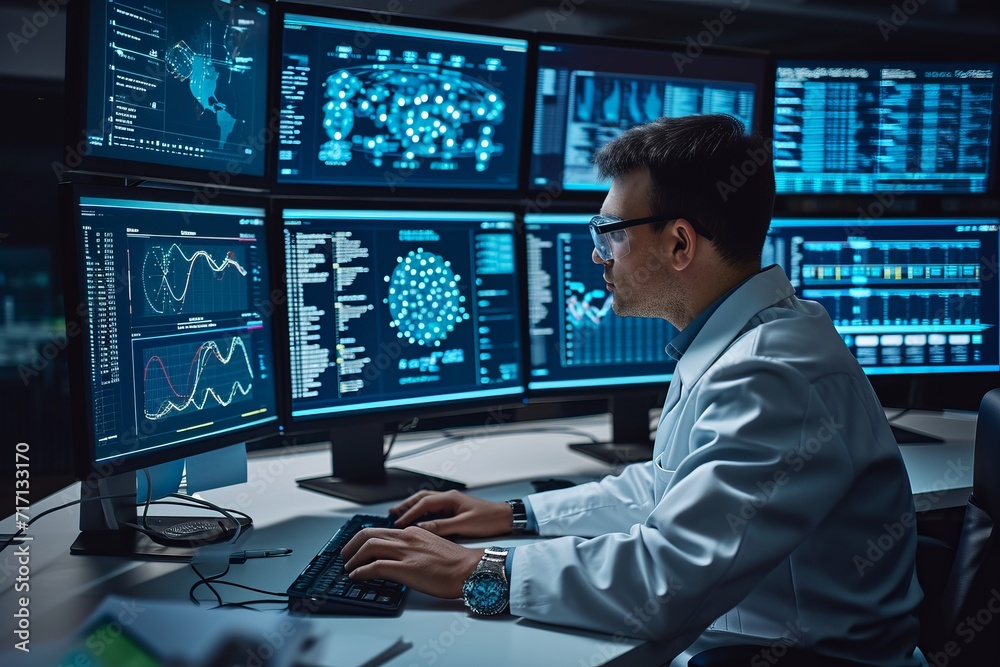 Man Sitting at Desk in Front of Multiple Monitors Organizing Work Man Sitting at Desk in Front of Multiple Monitors Organizing Work