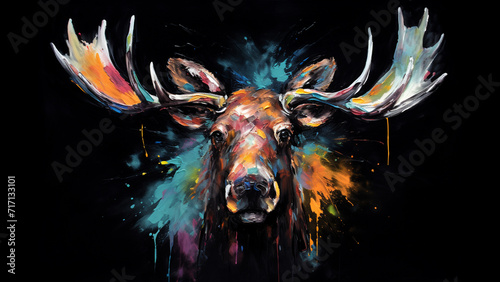 Fotografiet moose from front, all recovered of different paint brushes colors, black backgro