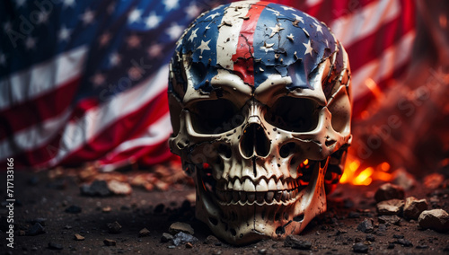 A skull in front of a USA flag photo