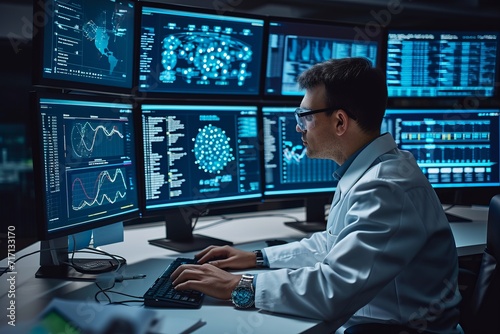 Man Sitting at Desk in Front of Multiple Monitors Organizing Work