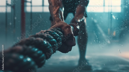Close-up view of a person's hands firmly gripping a heavy battle rope during a workout session photo