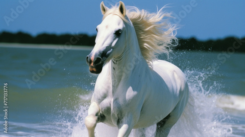 A white horse gallops along a sandy beach, AI Generative.