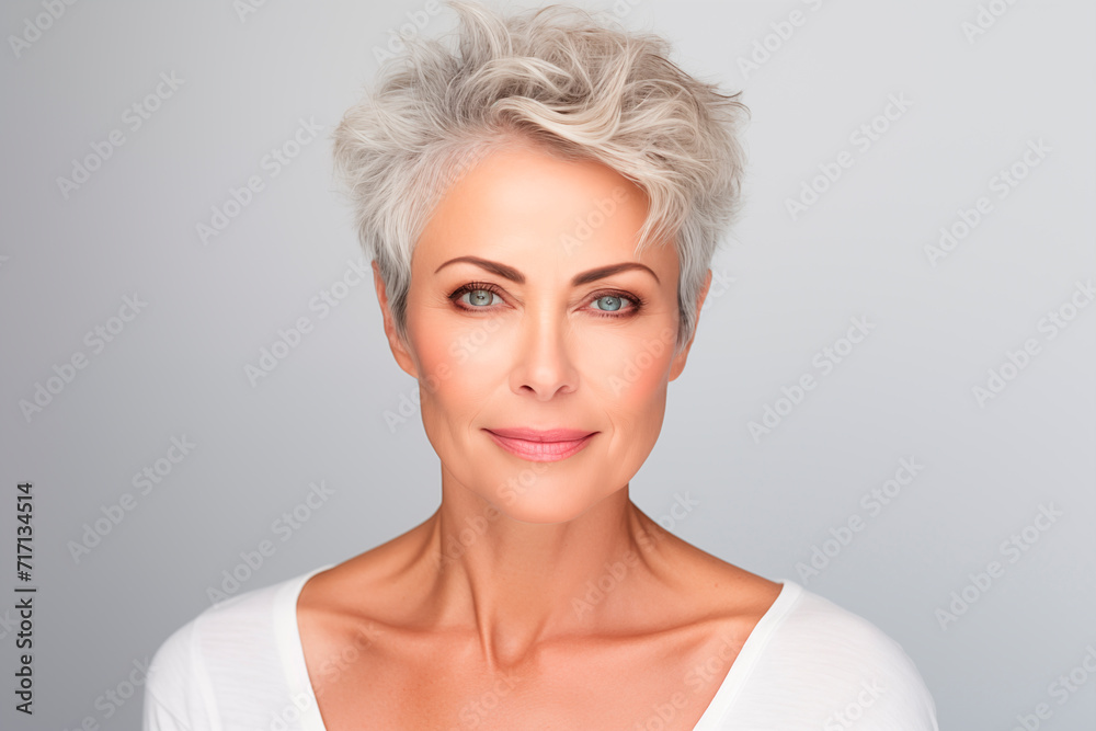 Mature woman with gray hair and elegant makeup, exuding confidence and serenity. Mature woman with gray hair and elegant makeup, exuding confidence and serenity.