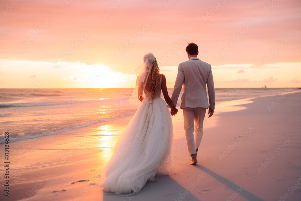 Newlywed couple walking hand in hand on the beach at sunset, reflecting love and happiness.
