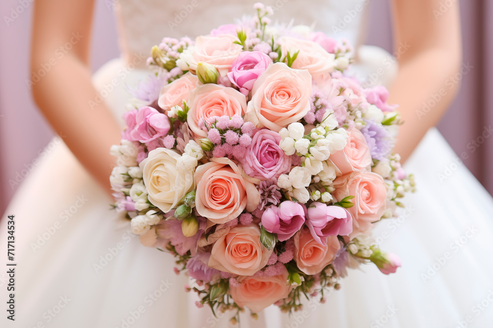 Bride holding an elegant bouquet with lilies and roses at a wedding Bride holding an elegant bouquet with lilies and roses at a wedding