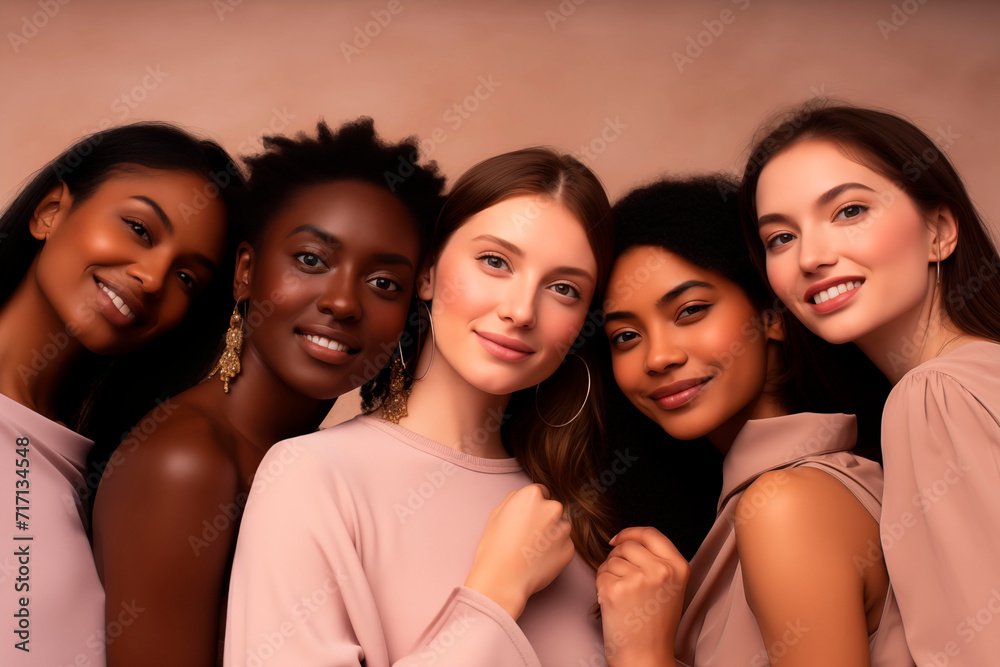 Obraz premium Diverse group of smiling women dressed elegantly, reflecting friendship and confidence.