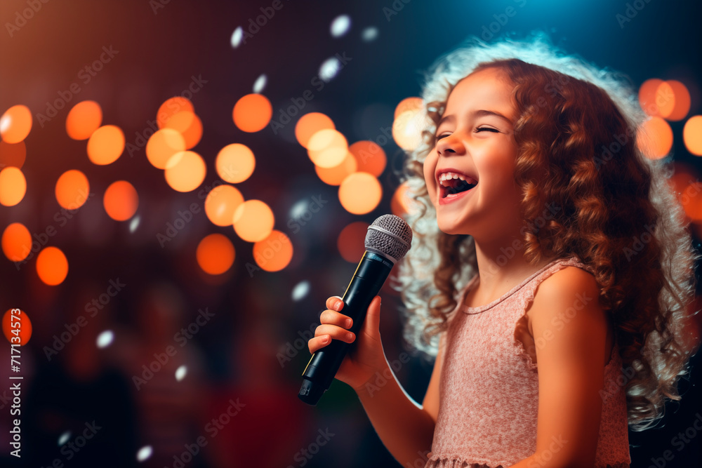Happy girl singing with microphone on a festive, illuminated stage. Happy girl singing with microphone on a festive, illuminated stage.