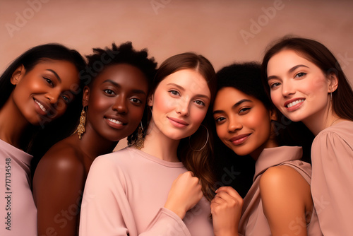 Diverse group of smiling women dressed elegantly, reflecting friendship and confidence.