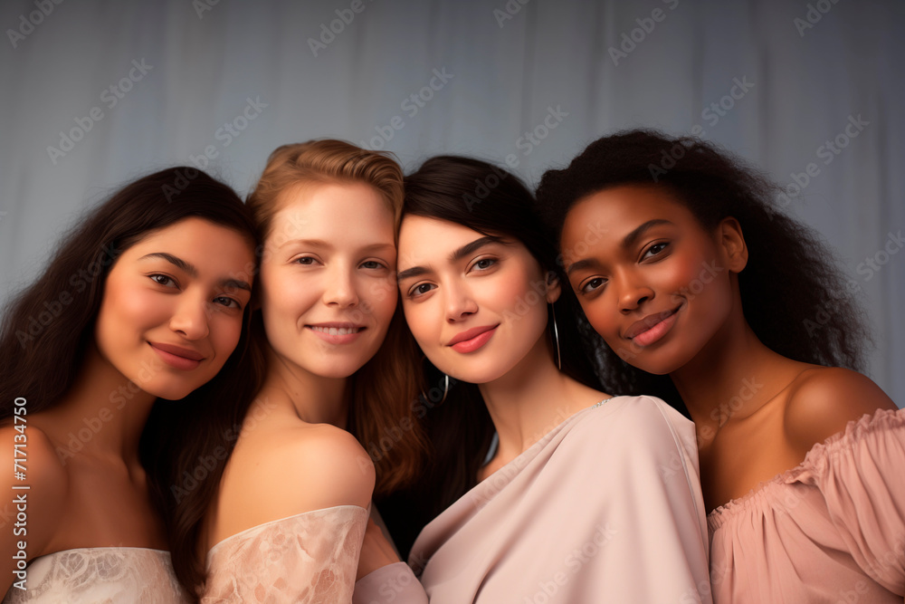 Four diverse women in harmony, showcasing beauty and fashion in neutral tones. Four diverse women in harmony, showcasing beauty and fashion in neutral tones.