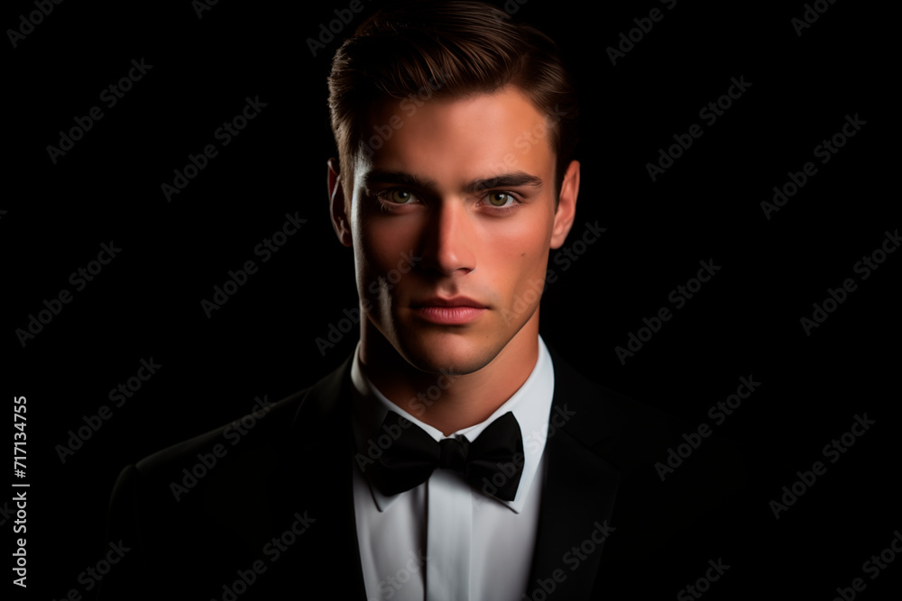 Portrait of a young model in a tuxedo, displaying a sophisticated look and serious gaze.
