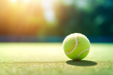 Tennis ball on grass under sunlight, symbolizing sport and competition.
