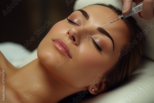 Young woman receives botox injection as part of cosmetic procedure at beauty salon photo