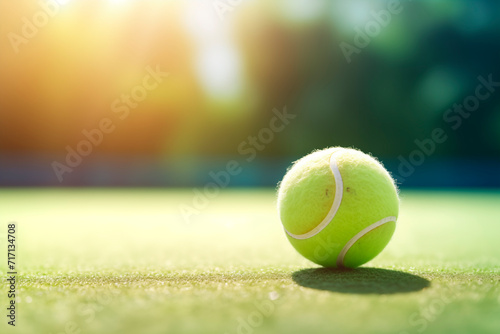 Tennis ball on grass under sunlight, symbolizing sport and competition.