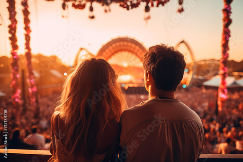 A couple enjoys a music festival at sunset with a large Ferris wheel in the background.