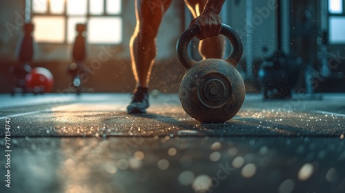 A kettlebell mid-lift, with the athlete's strained muscles and fitness studio scene behind. close-up of a hand gripping a heavy kettlebell set on a gym floor.