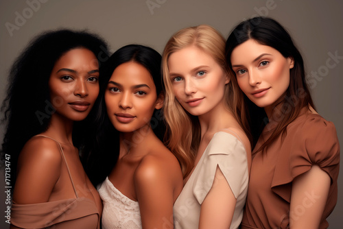 Four diverse women in harmony, showcasing beauty and fashion in neutral tones.