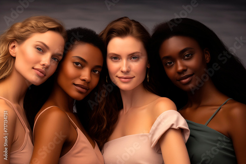 Four diverse women in harmony, showcasing beauty and fashion in neutral tones.