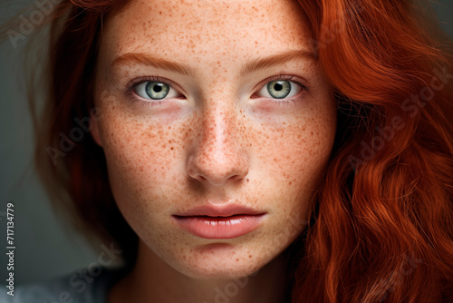 Close-up portrait of a young redhead with freckles, featuring her intense gaze and green eyes.