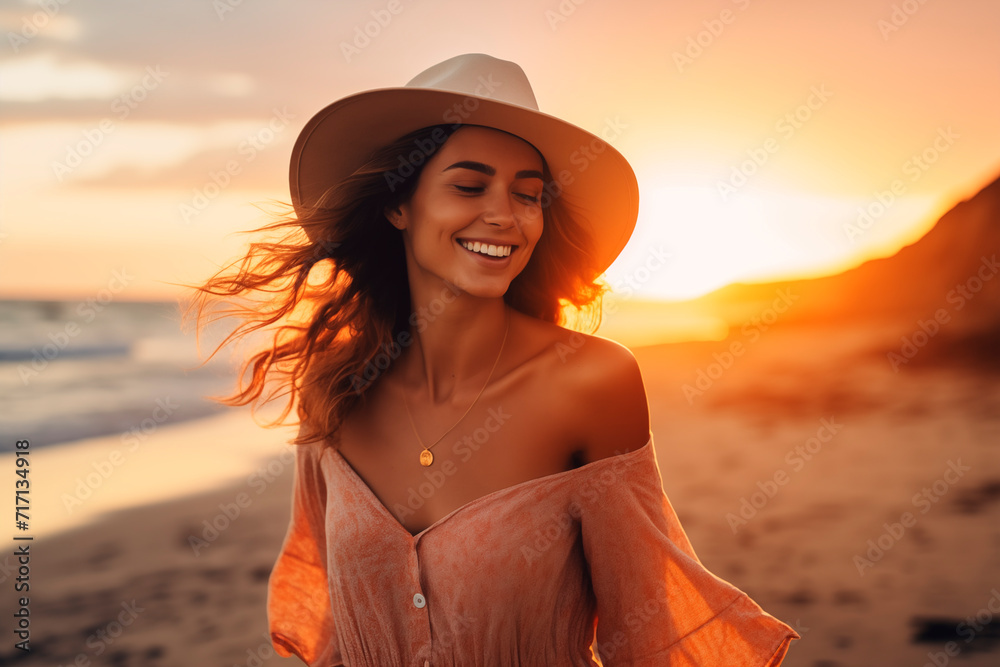 Smiling woman in a hat enjoying a golden sunset on the beach, an image of serenity and joy.