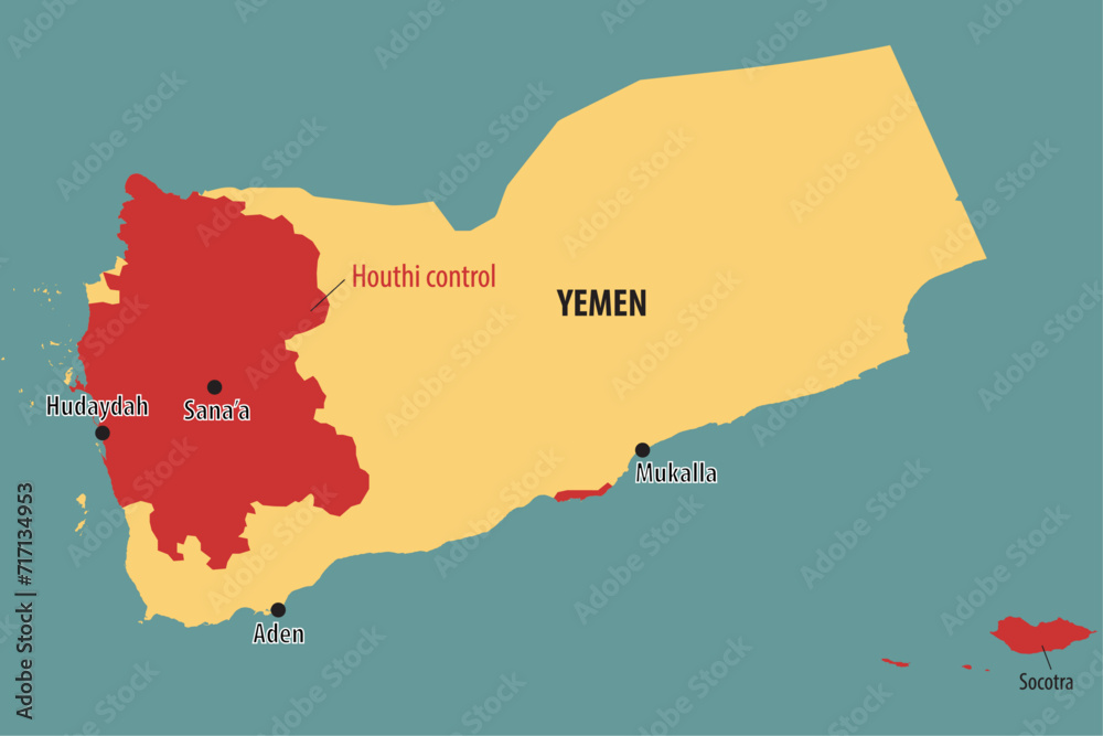 Obraz premium Vector graphic of estimated Houthi controlled areas in Yemen