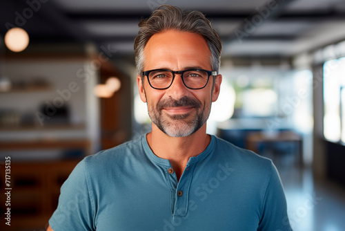 Portrait of a smiling mature man with glasses and casual shirt, conveying confidence and charisma in an indoor setting.