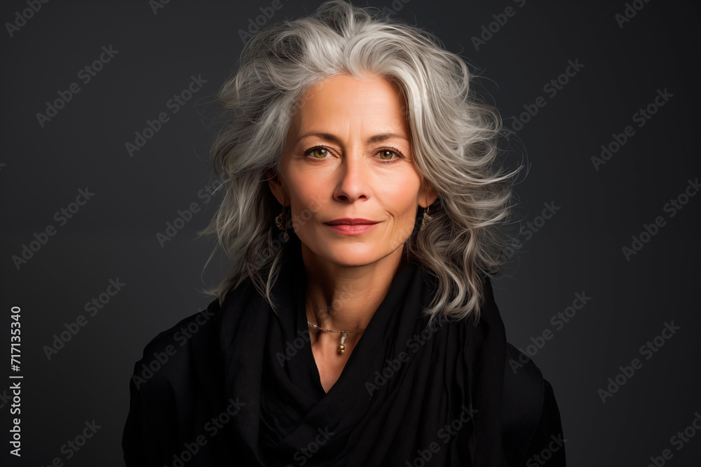 Portrait of mature woman with gray hair and black attire, exuding confidence and elegance.
