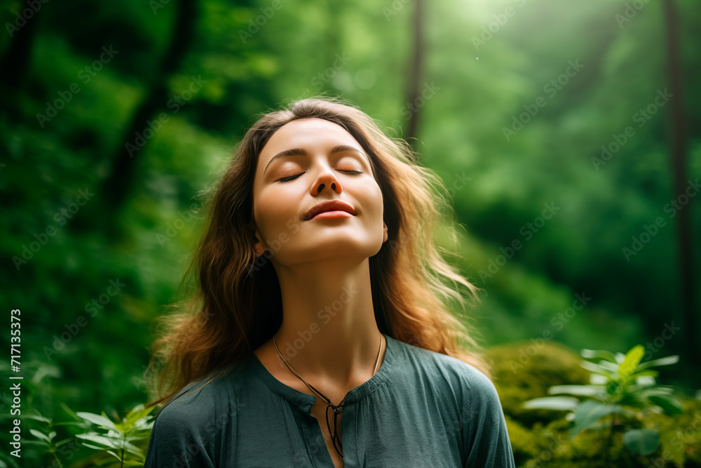 Woman meditating in the forest, surrounded by natural light, evoking peace and connection with nature.