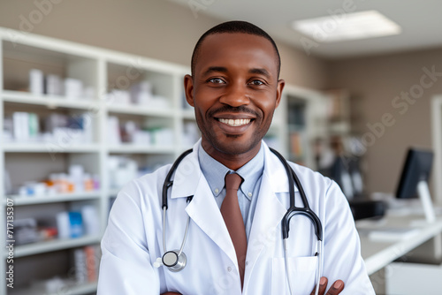 Professional pharmacist in white coat smiling at his workplace, conveying trust.