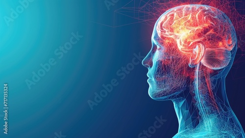 Digital brain illustration with network connections on blue background