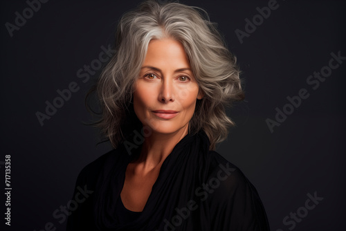 Portrait of mature woman with gray hair and black attire, exuding confidence and elegance.