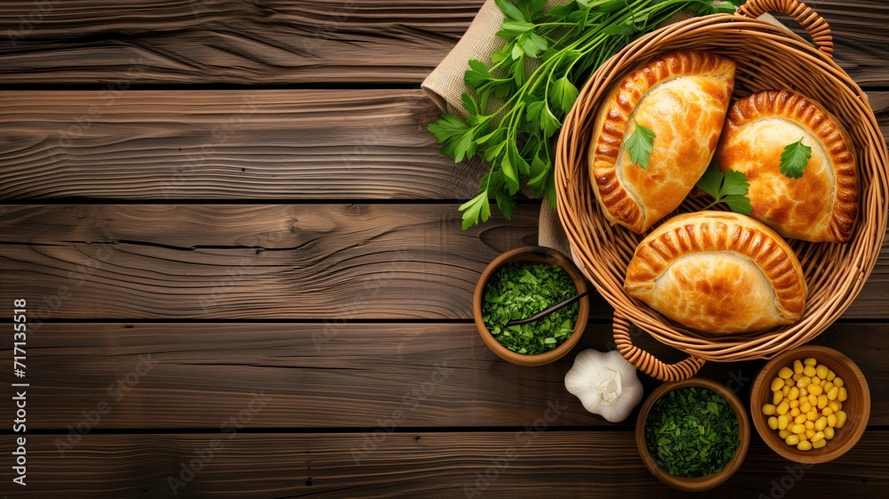 Golden empanadas in a basket with fresh parsley and ingredients Golden empanadas in a basket with fresh parsley and ingredients
