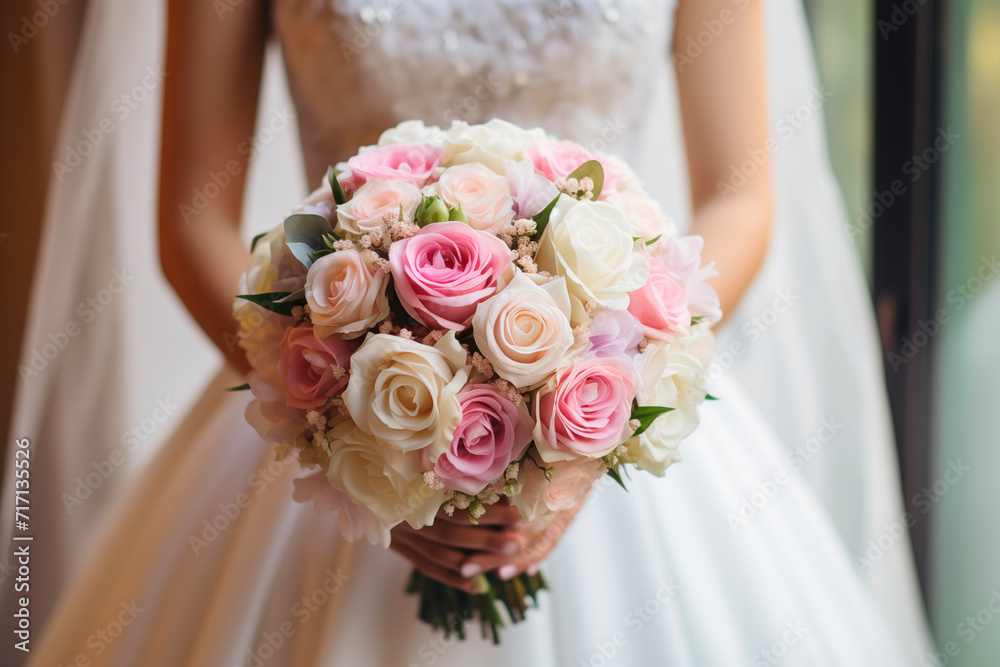 Bride holding an elegant bouquet with lilies and roses at a wedding.