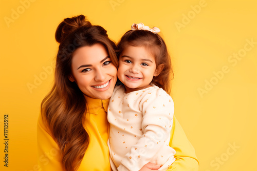 Mother and daughter sharing a tender hug, surrounded by a warm yellow hue.